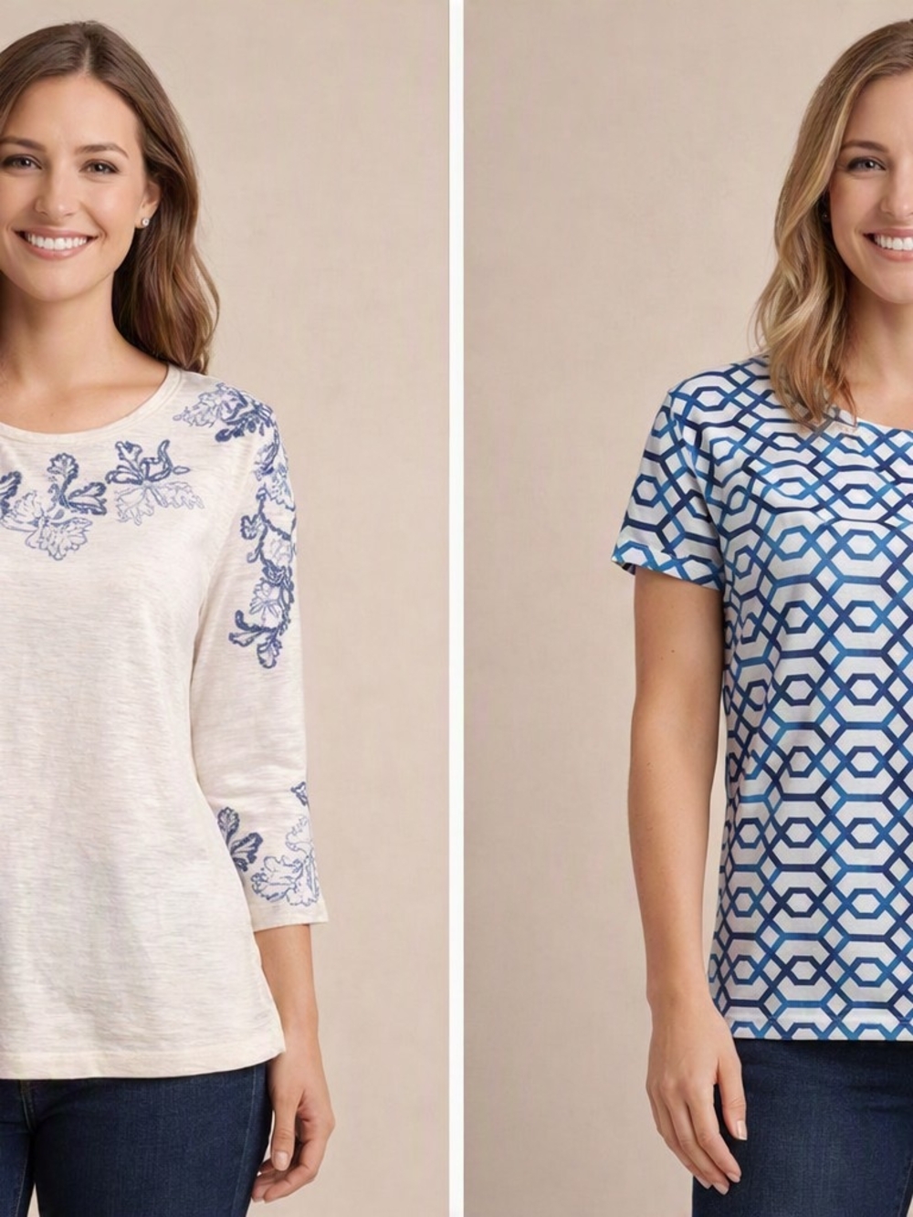 2 Piece Top Set Women’s Blue Embroidered Cream Top & Short Sleeve Pattern Tee